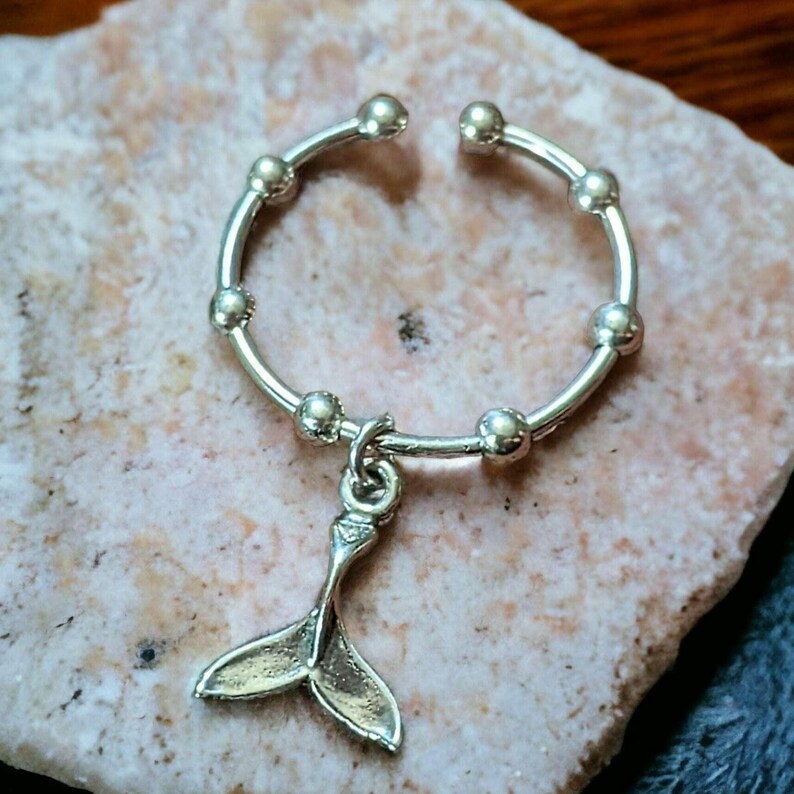 Sterling Silver Whale Tail Adjustable Charm Ring - - LadybugfeetDesigns -