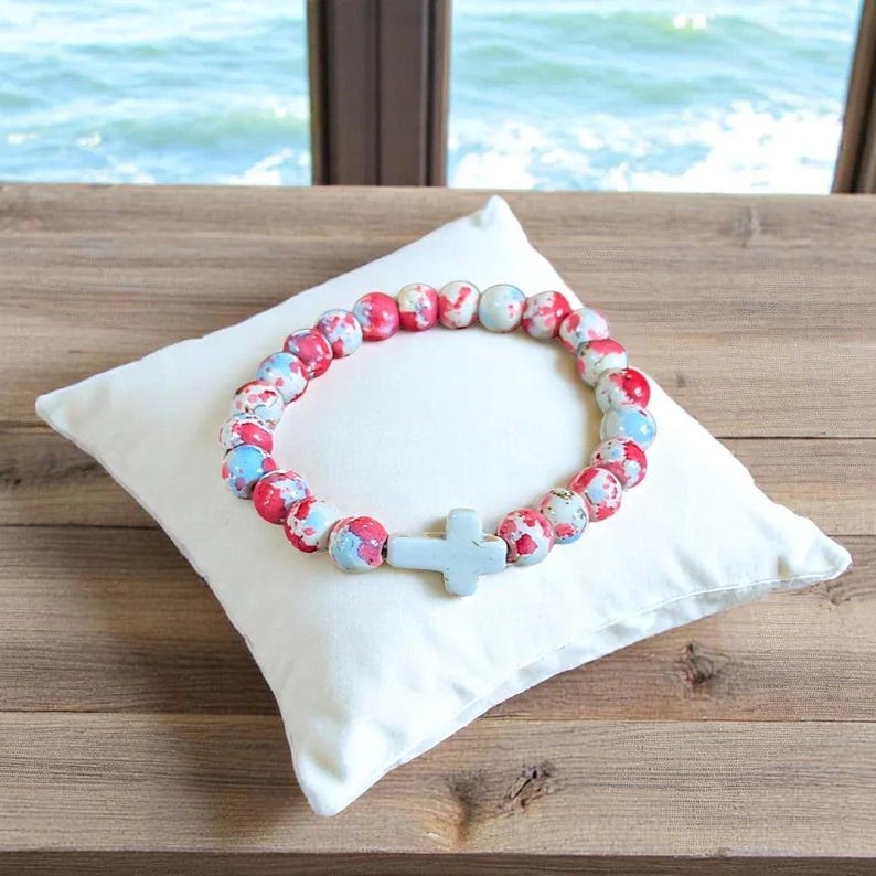 Hot Pink Baby Blue Beaded Cross Stretch bracelet - - LadybugfeetDesigns -