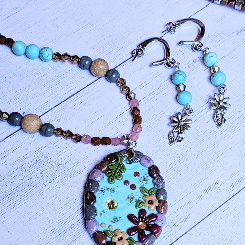 Cobblestone Pond Beaded Necklace / Earring Set, 22 inch - - LadybugfeetDesigns -