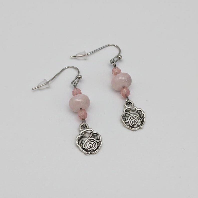 Rose Opal Crystal Hook Earrings, Silver - - LadybugfeetDesigns -