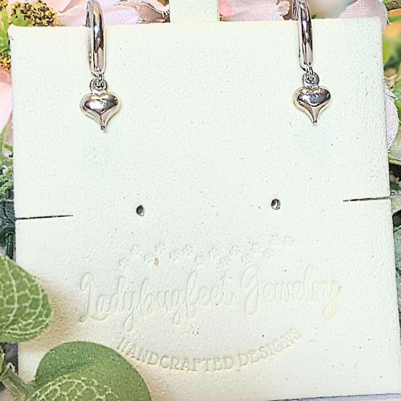 Silver Heart Huggie Hoop earrings, 15mm Hoop Drop - - LadybugfeetDesigns -