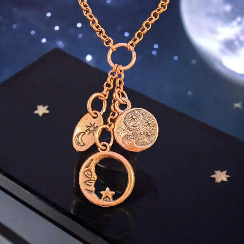 Crescent Moon Copper Charm Keeper Necklace, 18-24 inch - - LadybugfeetDesigns -