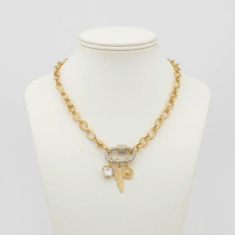 Dragonfly/Fairy Wing, Heart Carabiner Necklace, Gold - Adjusts up to 20 inches - - LadybugfeetDesigns -