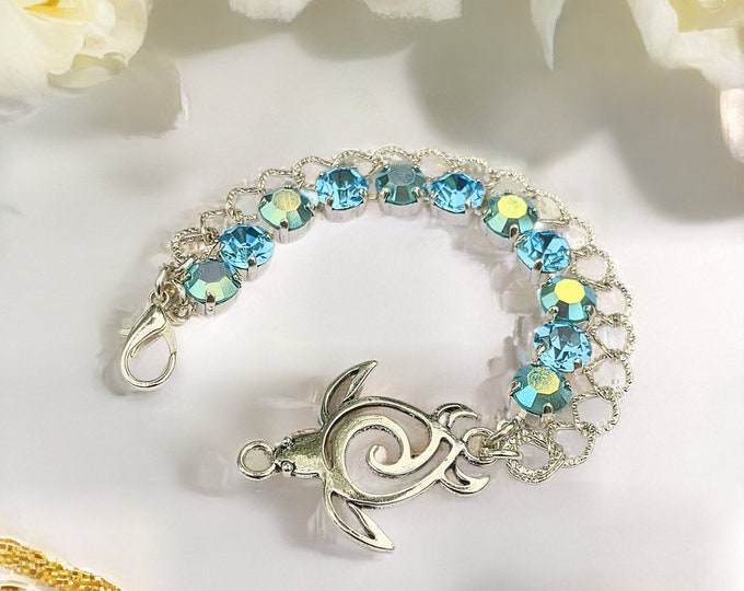 Sea Turtle Aqua Blue Crystal Bracelet