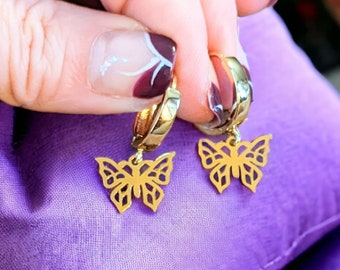 Gold Butterfly Hoop earrings, 16mm Hoop Drop