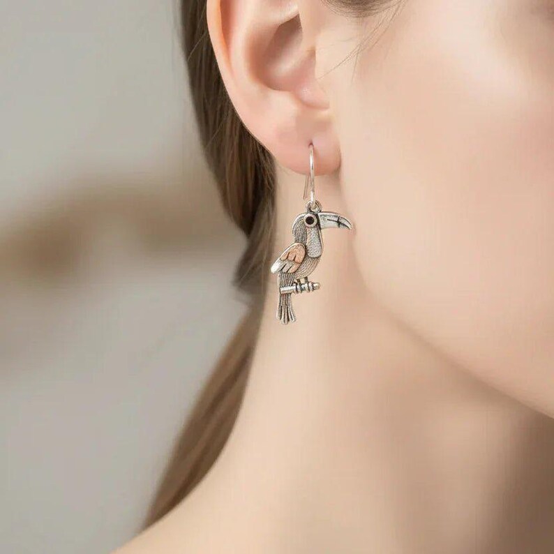 Rustic Toucan Hook Earrings, Silver - - LadybugfeetDesigns -