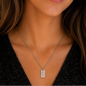 CZ Crescent Moon Tag Necklace, Silver - 20 inch - - LadybugfeetDesigns -