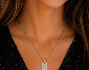 CZ Crescent Moon Tag Necklace, Silver - 20 inch