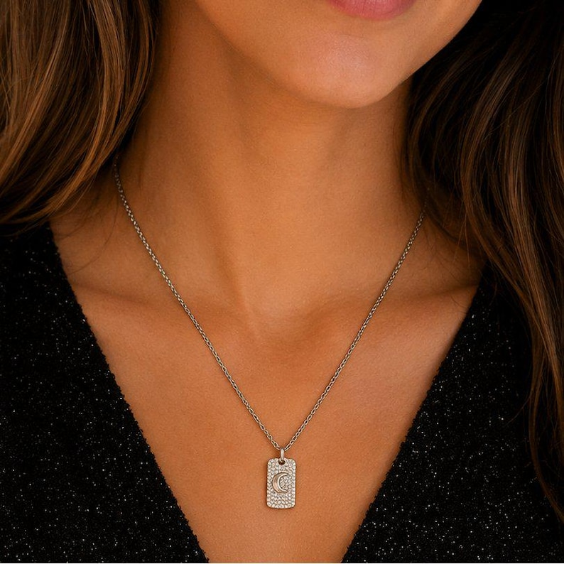 CZ Crescent Moon Tag Necklace, Silver - 20 inch - - LadybugfeetDesigns -