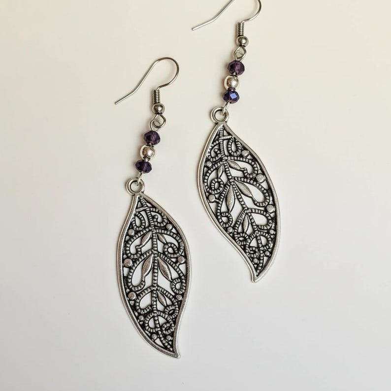 Fancy Leaf Purple Crystal Earrings - - LadybugfeetDesigns -