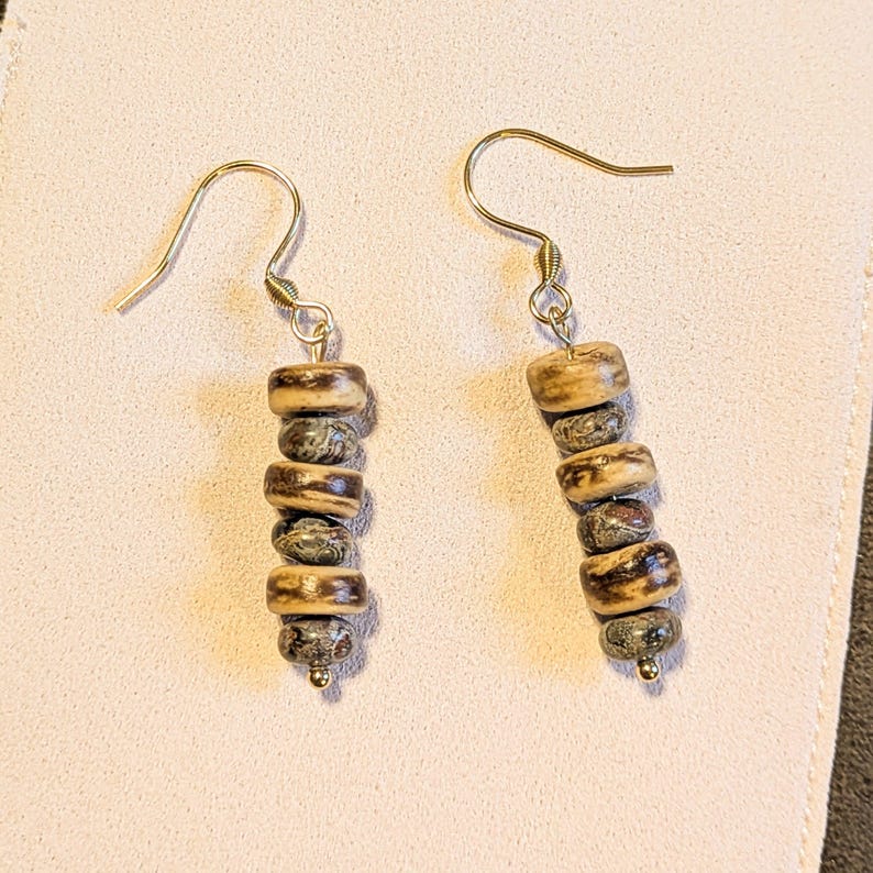Leopard Skin Jasper Beaded Hook Earrings, Gold - - LadybugfeetDesigns -