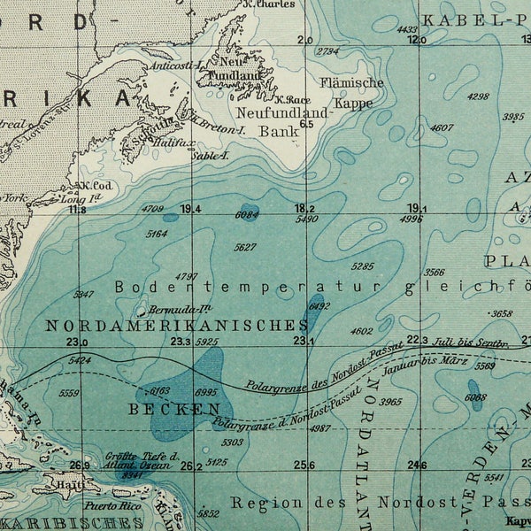 1897 Antique map of THE ATLANTIC OCEAN. 120 years old chart.