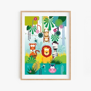León en la jungla con cebra y mono Póster tamaño A3 y A4 (sin marco) Impresiones de arte de pared Pósteres Imágenes Dormitorio infantil Guardería Hogar