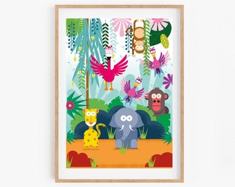 Jungle Animals Art Print | Elephant, Gorilla, Flamingo Nursery Decor