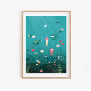 Bajo el mar A3 y A4 Impresión con tortuga, pulpo y calamar Arte de la pared Impresiones Carteles Imágenes Niños Dormitorio infantil Decoración del hogar