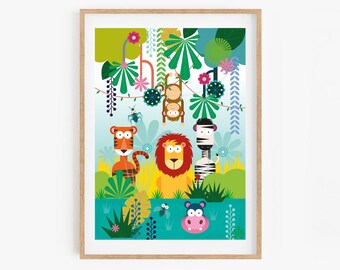 Jungle Animals Nursery Print: Lion, Zebra, Monkey (A3/A4)