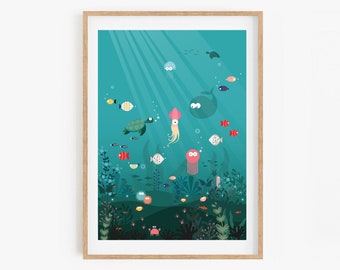 Under The Sea Nursery Print, Turtle, Octopus, Squid, Children's Bedroom Decor