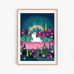 Impresión de unicornio y arco iris en una tierra mágica tamaño A3 y A4 / habitación para niñas / decoración de la habitación / infantil / fiesta de unicornios / hadas / unicornio volador