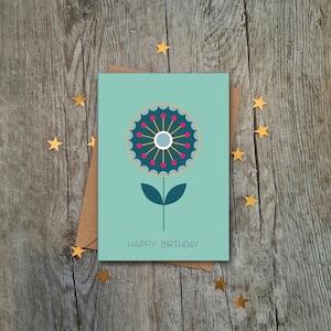 Biglietto di compleanno con fiore di cardo verde acqua / Biglietto di lusso / Stile geometrico / Design retrò / Biglietto per lei / Stile scandinavo / Mamma / Nonna / Moglie