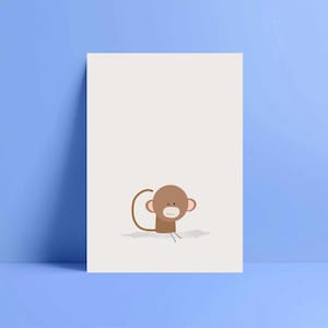 May include: A rectangular print featuring a cartoon monkey in shades of brown, with a smiling face and a curved tail. The monkey is sitting on a light gray shadow against a cream-coloured background. The background is set against a blue backdrop.