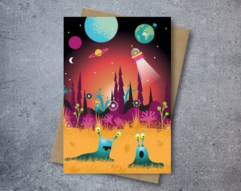 Red Space Scene Greetings Card  | Happy Birthday | Boys Birthday | Girls Birthday | Kid Birthday | Sci-fi | aliens | Ufo's | Planets | Space