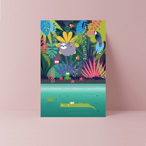 Tarjeta de cumpleaños infantil de perezoso en la jungla / Feliz cumpleaños / Cumpleaños de niños / Cumpleaños de niñas / Niños / Niños pequeños / selva tropical / flor