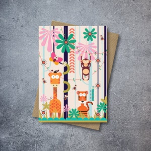 Dschungel Gruß-Karte | Alles Gute zum Geburtstag | Jungen Geburtstag | Mädchen Geburtstag | Kindergeburtstag | Kleinkind Geburtstag | Giraffe | Tiger | Affe