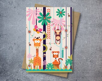 Jungle Greetings Card  | Happy Birthday | Boys Birthday | Girls Birthday | Kids Birthday | Toddler Birthday | giraffe | tiger | monkey