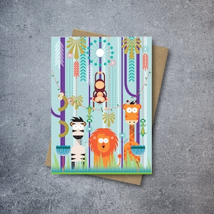 Cartão de aniversário infantil com leão da selva, zebra, girafa e macaco | Feliz aniversário | Meninos | Meninas | Aniversário infantil | Aniversário de criança pequena |