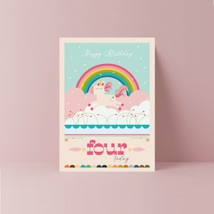 Unicorno 4° compleanno biglietto / Buon compleanno / Quarto compleanno / Compleanno bambini / Compleanno bambini piccoli / Compleanno bambini / Ho quattro anni / Arcobaleno