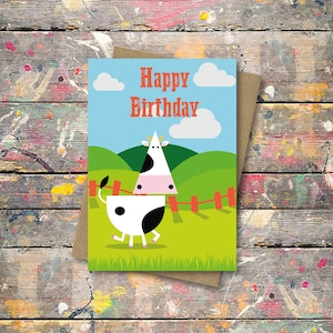 Happy Birthday Cow Greetings Card | Happy Birthday | Boys Birthday | Girls Birthday | Kids Birthday | Toddler Birthday | Childrens Birthday