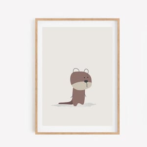 Hermosa ilustración de nutria, impresión en tamaño A3 y A4, impresión de decoración de guardería, póster de nutria, niños, mamíferos, animales bebés, baby shower.