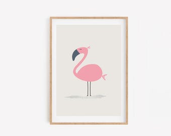 Lámina de flamenco rosa para pared: póster minimalista de animales, decoración tropical A4/A3, ilustración de flamenco para habitación infantil, baño o dormitorio.
