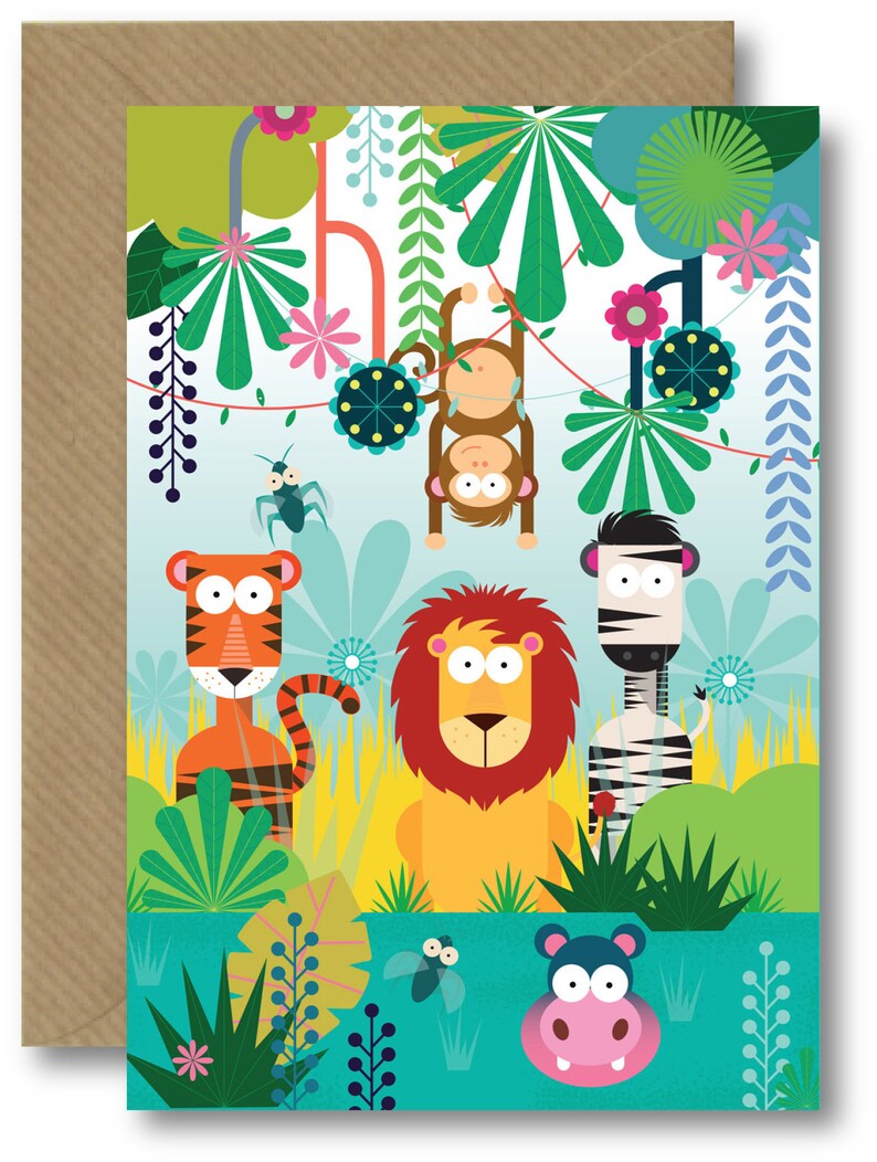 Pode incluir: Uma ilustra&ccedil;&atilde;o colorida de animais da selva, incluindo um tigre, um le&atilde;o, uma zebra, um macaco e um hipop&oacute;tamo. Os animais est&atilde;o rodeados de folhas verdes e flores.