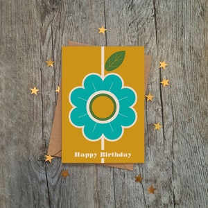 Retro 60's style Türkisfarbene Hibiskus-Blumen-Geburtstagskarte | Luxus-Karte | Geometrischer Stil | Vintage-Design | Karte für Sie | Mama | Nan | Frau