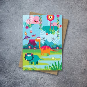 Tarjeta de cumpleaños infantil de dinosaurios y volcán / Feliz cumpleaños / Cumpleaños de niños / Cumpleaños de niñas / Cumpleaños de niños / Cumpleaños de niños pequeños / dinosaurio