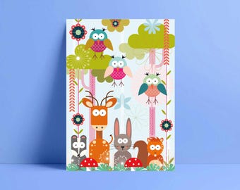 Tarjeta de cumpleaños con criaturas del bosque / Ilustración infantil de animales
