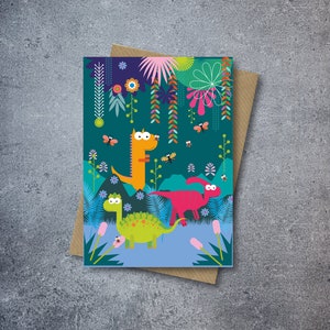 Tarjeta de cumpleaños infantil de Dinosaurios en la jungla / Feliz cumpleaños / Cumpleaños de niños / Cumpleaños de niñas / Cumpleaños de niños / Cumpleaños de niños pequeños