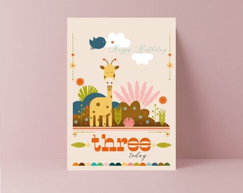 Giraffe Third Birthday Card | Jungle | Boys | Girls | Kids Birthday | Toddler Birthday | Children&#39;s Birthday | I am Three | 3rd Birthday