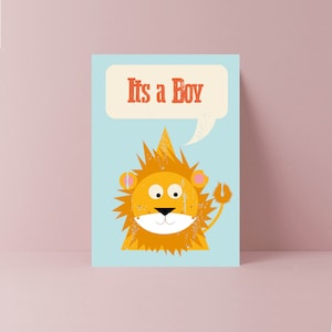 Nouvelle carte bébé | de voeux pour bébé garçon | C'est un garçon | Carte de lion | Bleu bébé | Fête prénatale