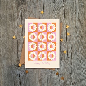 Biglietto di compleanno psichedelico anni '60 con fiori di calendula / Biglietto di lusso / Stile geometrico / Design vintage / Biglietto per lei / Mamma / Nonna / Moglie