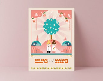 Mrs & Mrs Wedding Card | Retro Illustration, Floral Design
