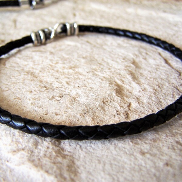Thick Leather Ankle Bracelet, Black or Brown Braided Leather Bracelet