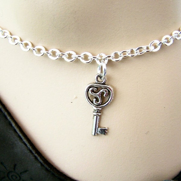 Key Charm Anklet, On Silver Tone Chain, Petite to Plus Size Ankle Bracelet