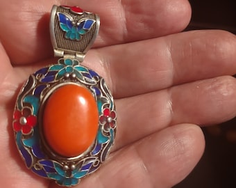 Presumably 1950s Red Coral Cloisonne  Pendant