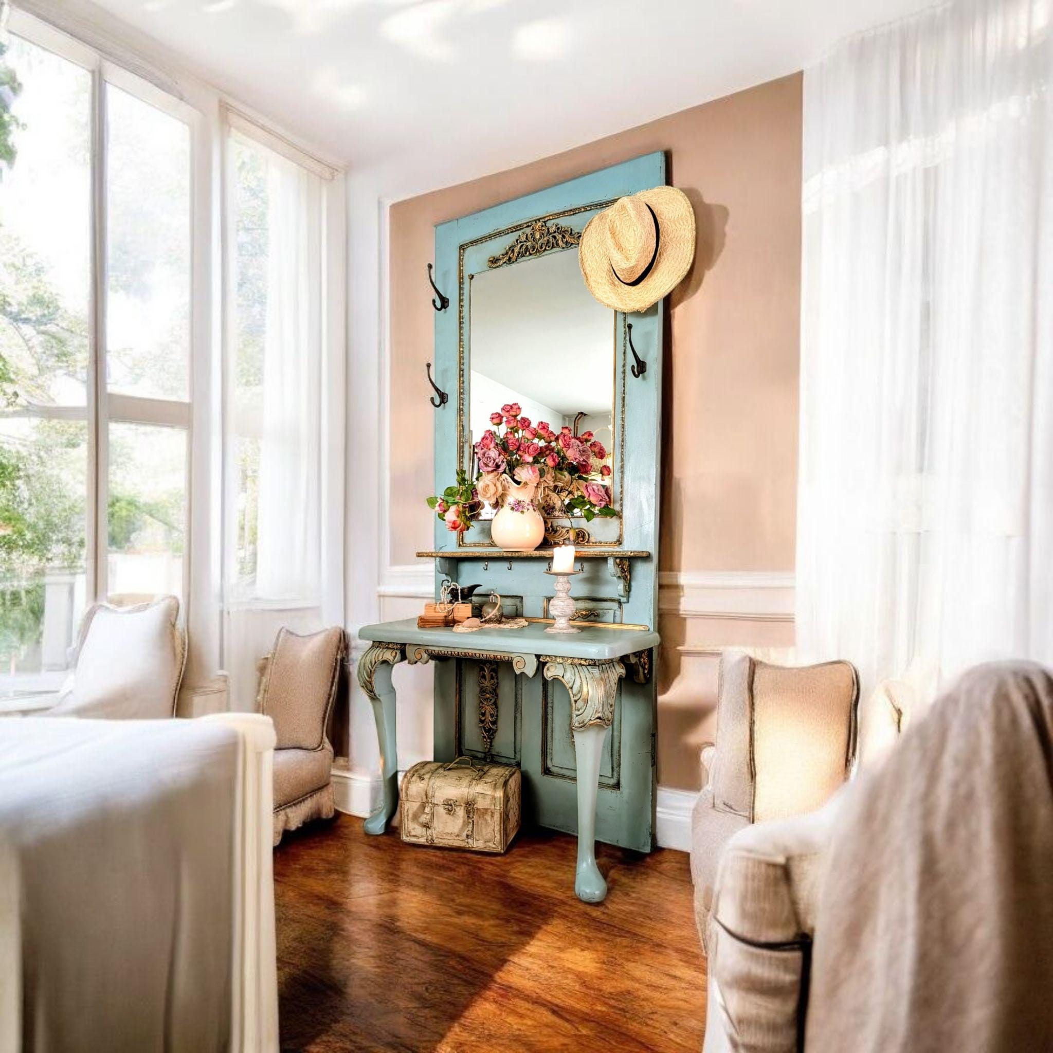 Vintage Old Door Entryway Hall Tree, Hand-painted French Style