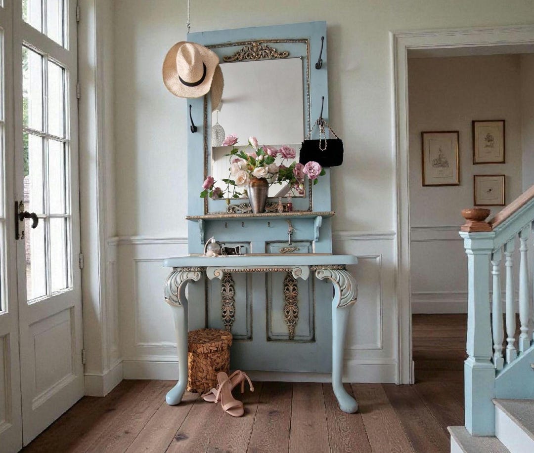 Vintage Old Door Entryway Hall Tree, Hand-painted French Style