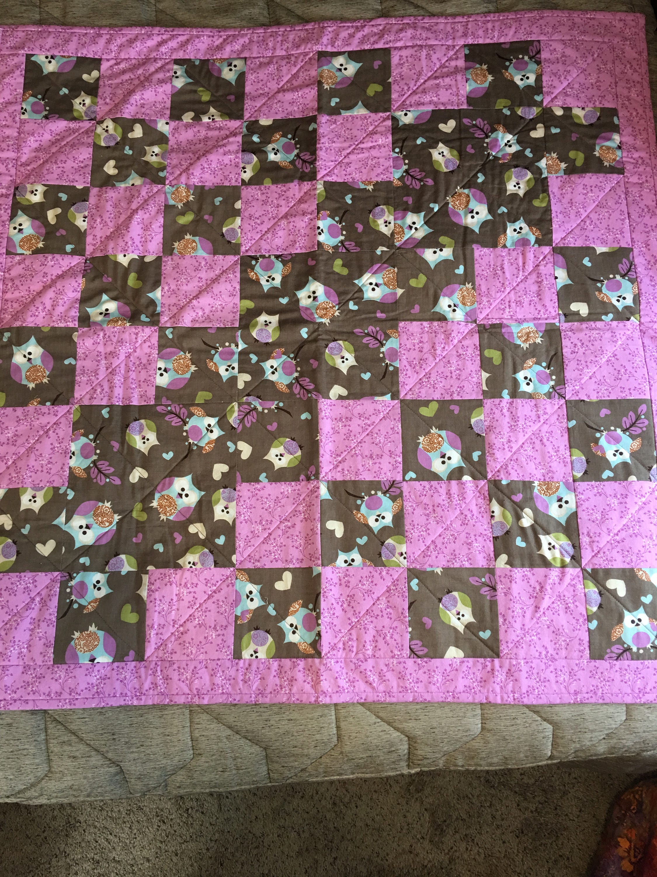 Owls Baby Quilt in Brown, Pink and Green. Baby Quilt, Baby Blanket, Baby Patchwork Quilt, Baby Cott