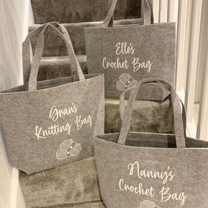 Grey Felt Crochet Bag Knitting Craft Bag and Slip Wallet Personalised Tote Bag Nanny Gift Mum Gift Gifts for her