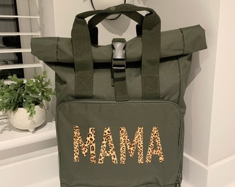Personalised Leopard Print Mama Backpack: Roll Top Rucksack/Changing Bag/Day Bag